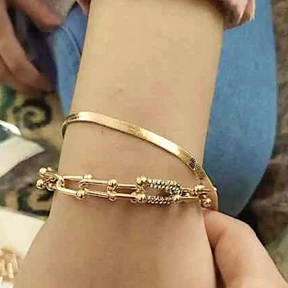 GOLD RHINESTONE U LINK BRACELET 2 PIECE BRACELET SET